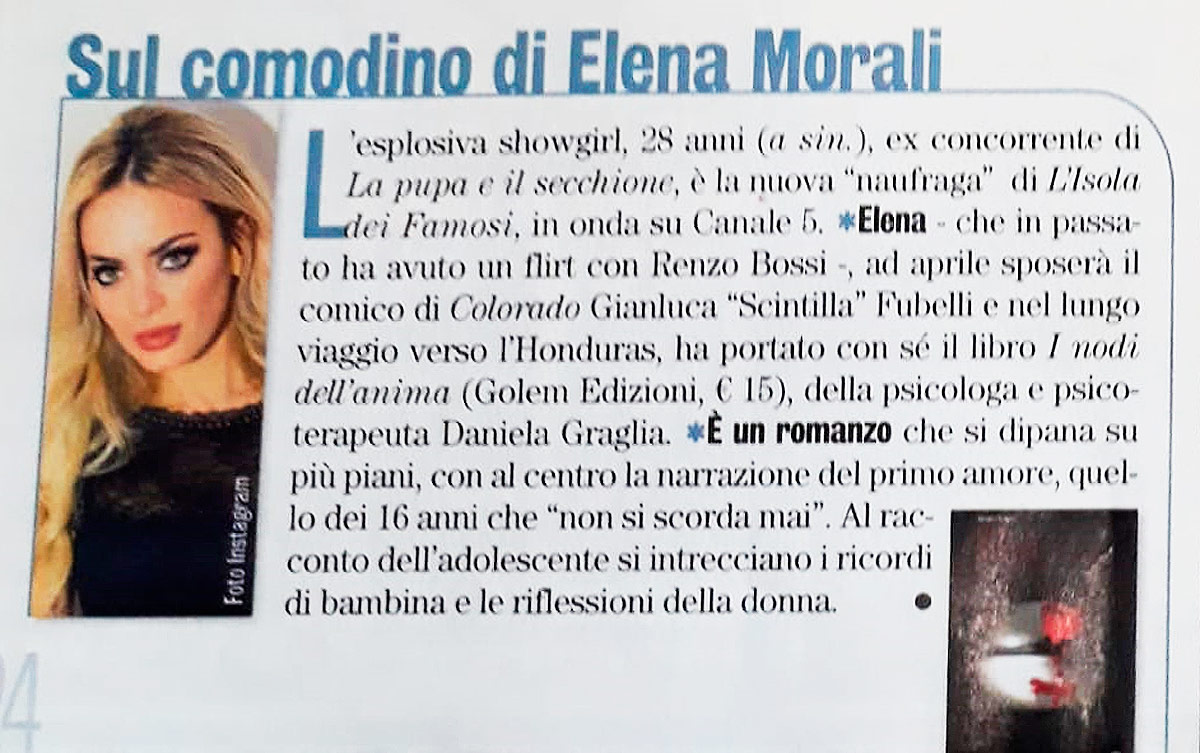 Elena Morale porta sull'Isola dei Famosi il libro "I nodi dell'anima".